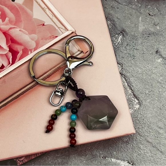 Natural Amethyst Hexagon Stone with Rainbow Chakra Keychain Charm - Picture 5 of 16